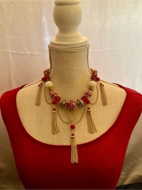 Statement Red and Gold Tassel Multi-Strand Necklace. handmade one of a kind.